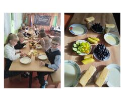 Среда. "Неделя витаминизации" на завтрак детям дополнительно добавлены фрукты (виноград, банан), овощи (огурец, перец сладкий)